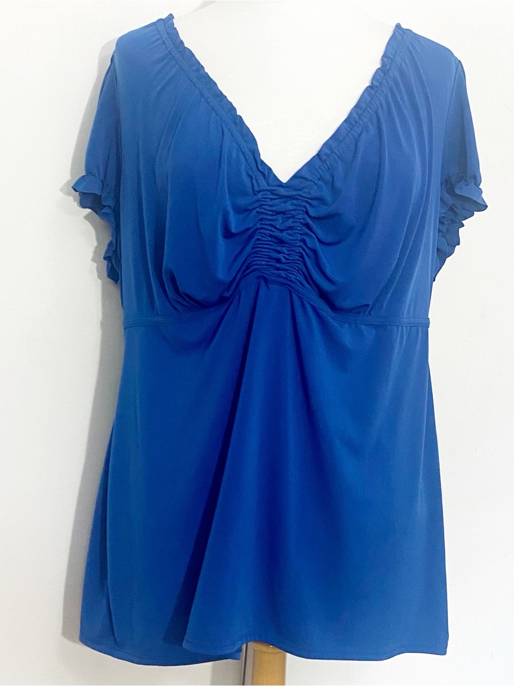 Lane Bryant Silky Womens Sapphire Blue V-Neck Ruched Front Puff Sleeve Top 18/20